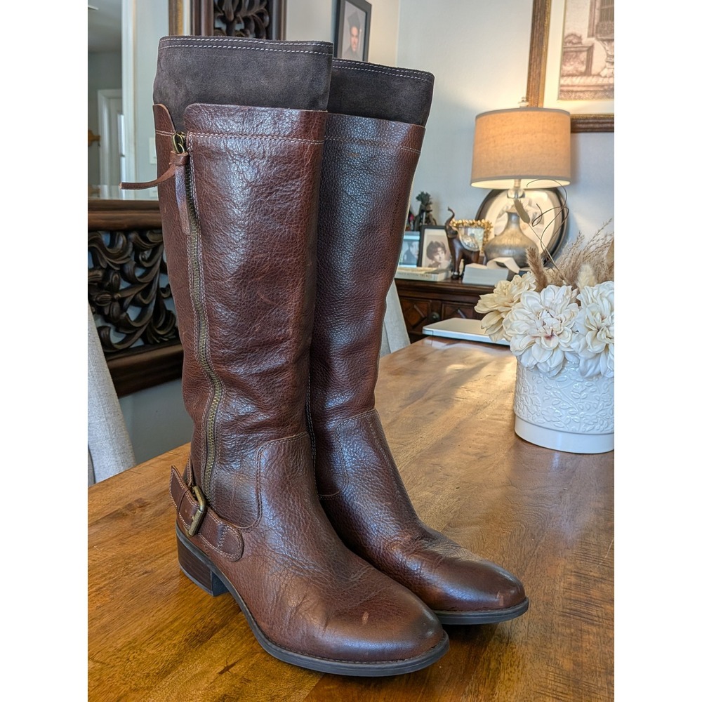 Women's Brown Leather Tall Riding Boots Women 9.5 M CT0018100 Buckle Zip